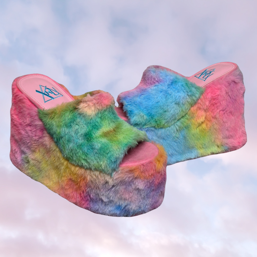 YRU Gravity Faux Fur Fuzzy Wedge Platform Pastel Tie-Dye Rainbow Slides 7
